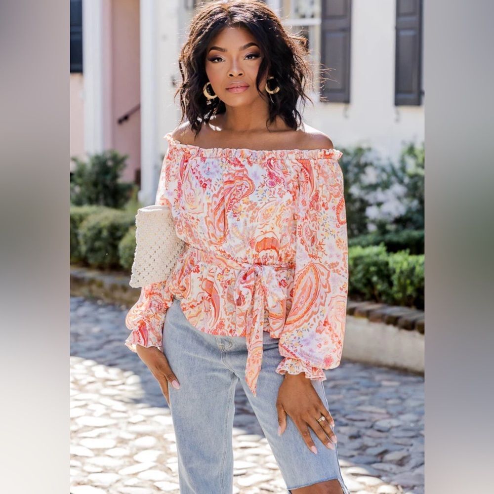 Pink‎ Lily Off The Path Long Sleeve Orange Paisley Belted Blouse Size Medium - Picture 3 of 8
